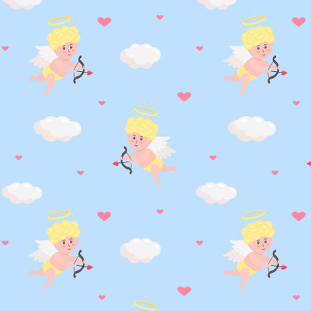 Seamless pattern with cute cupid baby, clouds and hearts on blue background. Valentine's Day vector design.のイラスト素材