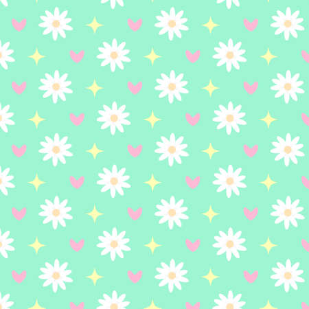 Seamless pattern with chamomiles, hearts and stars on green background. Great for textile, fabric prints, wrapping paper.のイラスト素材
