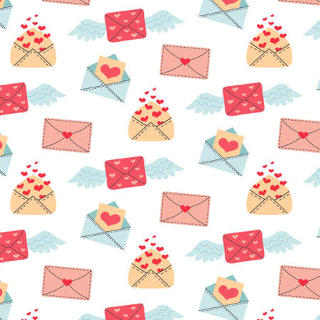Seamless pattern with love envelopes, letters, hearts, wings. romantic background. Valentine's day mail. vector illustration.のイラスト素材