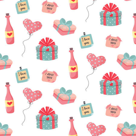 Seamless pattern with heart balloon, champagne bottle, present gifts and love notes. Love and Valentine's day concept.のイラスト素材