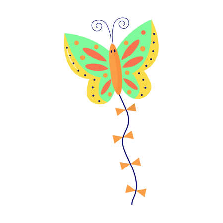 Flying kite-balloon in the shape of butterfly on white background. Outdoor summer activity toy. festival symbol. vector illustration.のイラスト素材