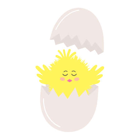 Cute fluffy baby chick in the cracked egg. Chicken hatching from the egg. Easter cartoon character. vector illustration.のイラスト素材