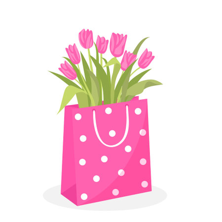 Pink tulips in a package. Floral composition for holiday and celebration. Vector illustration isolated on white background.のイラスト素材
