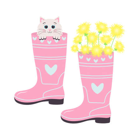 Spring garden rubber boots with a bouquet of dandelions and a cute kitty with big eyes sitting inside the boot. Gardening and spring concept. vector illustration.のイラスト素材