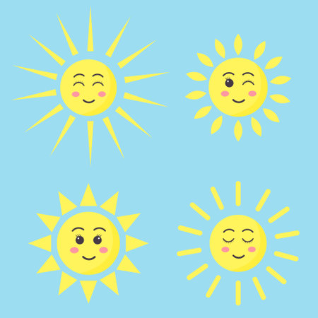 Cute kawaii sun. Cartoon funny smiling character with different emotions. Four yellow suns on blue background. vector illustration.のイラスト素材
