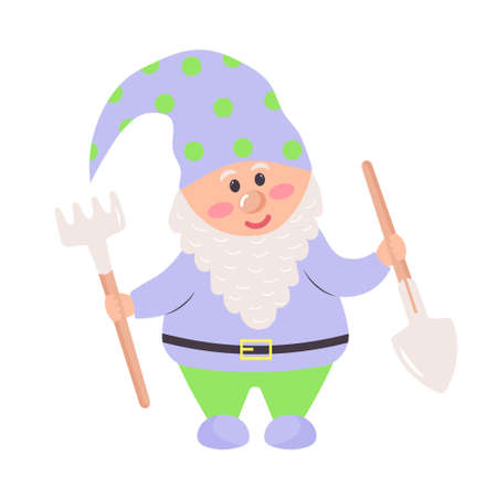 Garden gnome with a rake and a shovel. Cartoon cute character. Spring and gardening concept. vector illustration.のイラスト素材