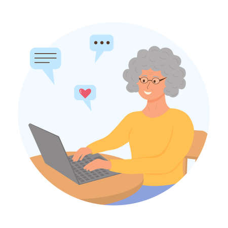 Happy grandmother with a laptop sitting at the table. Elderly people use technology, computers. vector illustration.のイラスト素材