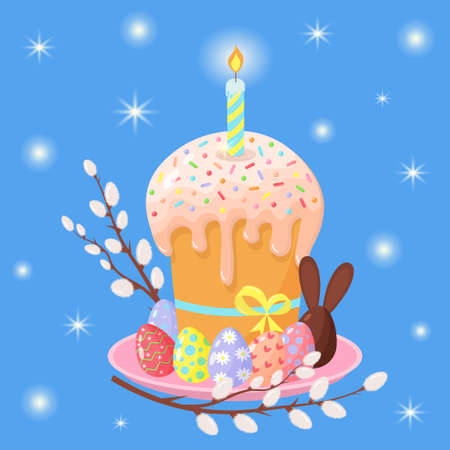 Easter cake on a plate with a candle, painted eggs, willow and chocolate bunny egg. Happy Easter...
