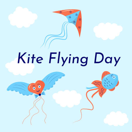 Kite Flying Day postcard. Kites in the sky among the clouds. vector illustration.のイラスト素材