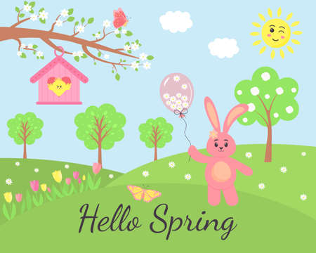 Spring landscape with pink bunny, birdhouse, chick, flowers and butterflies. Spring and Easter greeting card. Green meadow and cartoon animals. vector illustration.のイラスト素材
