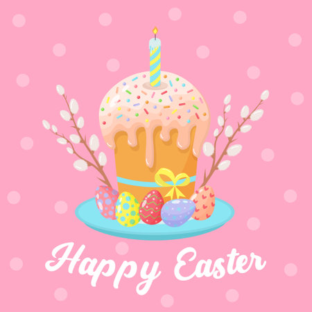 Easter cake on a plate with a candle, colorful eggs and willow. Happy Easter greeting card. vector illustration.のイラスト素材