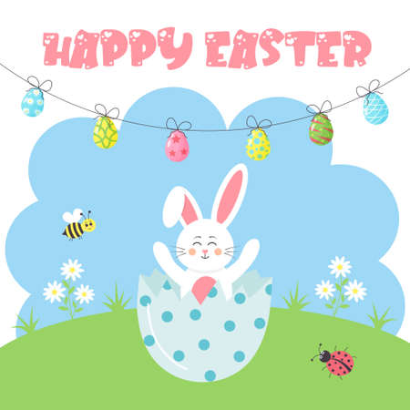 Easter bunny sitting in the egg shell on the meadow. Painted eggs are hanging on the rope. Cartoon bee, ladybug and daisies. Happy Easter postcard. vector illustration.のイラスト素材