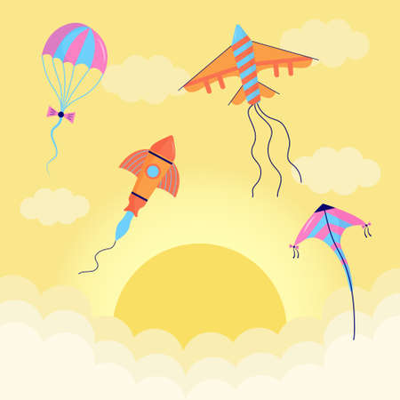 Sunset and flying kites among clouds. Colorful kit festives of different types and shapes. vector illustration.のイラスト素材