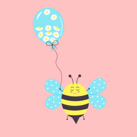 Cute bee with a balloon full of daisies. cartoon character. Can be used for t-shirt, greeting card, invitation card or mascot. vector illustration.のイラスト素材