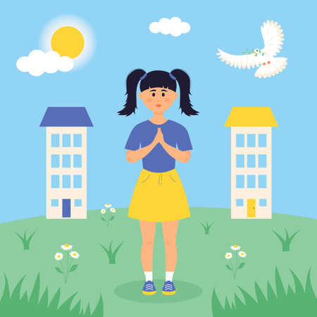 A little girl protests against the war. White dove flies nearby. Pray to Ukraine. International Day of Peace. vector illustration.のイラスト素材