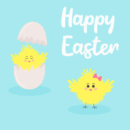 Easter greeting card with chicken hatching from the egg and cute fluffy yellow chick with pink bow....