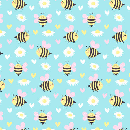 Seamless pattern of daisy flowers, cartoon bees and hearts on blue background. vector illustration.のイラスト素材