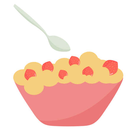 Oatmeal with strawberries in a cup with a spoon. Cereal milk breakfast. Health food. vector illustration.のイラスト素材