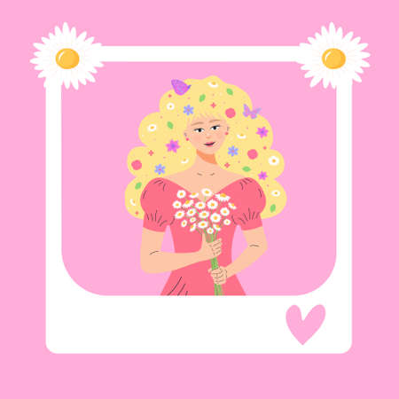 Beautiful blond girl with bouquet of chamomiles in a frame. Flowers, leaves and butterflies in her hair. vector illustration.のイラスト素材