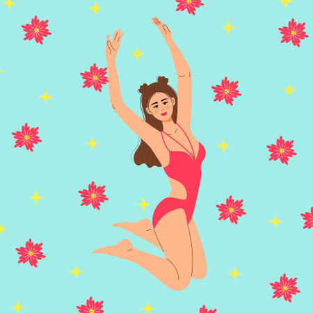 Happy girl in a swimsuit is jumping. Summer holidays, body positive, healthy lifestyle, mental health. vector illustration.のイラスト素材
