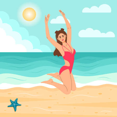 Beautiful girl in a swimsuit jumping on the beach. Summer vacation, seascape, healthy lifestyle, beach relax. vector illustration.のイラスト素材
