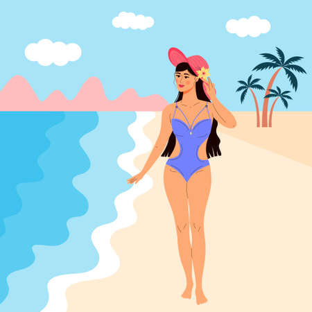 Beautiful girl in a swimsuit and a hat walking on the beach. Summer vacation, seascape, healthy lifestyle, beach relax. vector illustration.のイラスト素材
