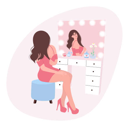 Young pretty woman sitting in front of a dressing table and admiring herself. Makeup, beauty care routine, female beauty, daily life concept. vector illustration.のイラスト素材