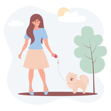Beautiful young woman walking spitz dog on a leash. Friendship between humans and their pets, outdoor activity concept. vector illustration.のイラスト素材