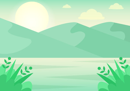 mountain landscape with lake. Panorama of summer beautiful nature. vector illustration.のイラスト素材
