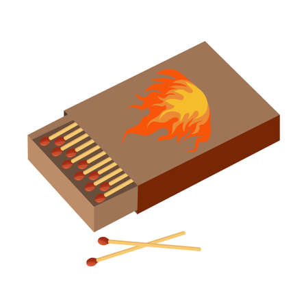 Matchbox and pair of wooden matches. Household flammable tool for lighting fire in cardboard box. vector illustration.のイラスト素材