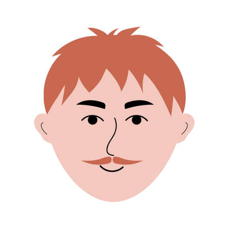 Red-haired man face with mustache in doodle style. Colorful avatar of smiling guy. vector illustration...のイラスト素材