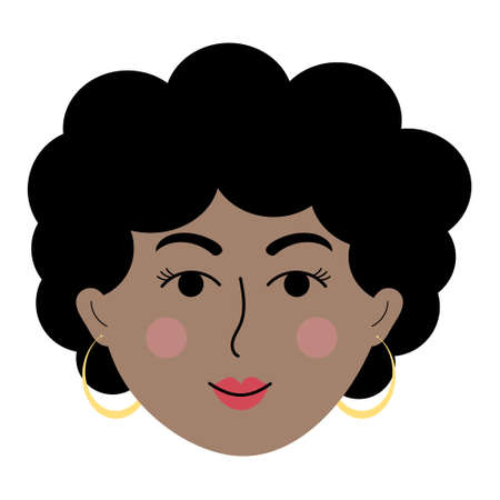 African woman face in doodle style. Colorful avatar of smiling girl with earings. vector illustration.のイラスト素材