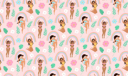 Seamless pattern of body positive happy women, rainbows, flowers, monstera leaves and twigs on pink...