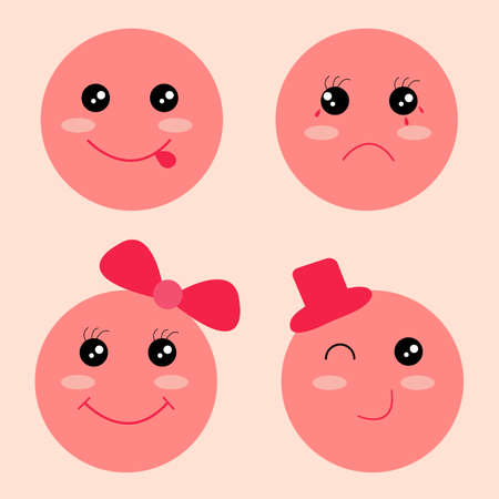 Pink face character emoticons in smile, crying, lady and gentleman facial expressions. Cute funny kawaii emoji set.のイラスト素材