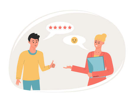 People talk, share their opinions, give review rating and feedback. working relationship. vector illustration.のイラスト素材