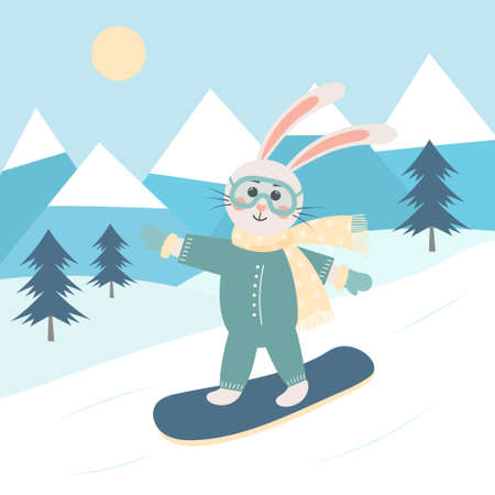 Cute cartoon rabbit in ski mask is snowboarding. winter mountain landscape. greeting card.のイラスト素材