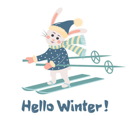 Cute rabbit in hat and scarf is skiing. hello winter text. New year symbol 2023.のイラスト素材