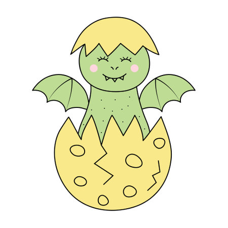 Little baby dinosaur hatching from the egg. Prehistoric cartoon character in doodle style. vector illustration.のイラスト素材