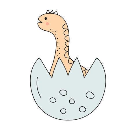 Little baby dinosaur hatching from the egg. Prehistoric cartoon character in doodle style. vector illustration.のイラスト素材