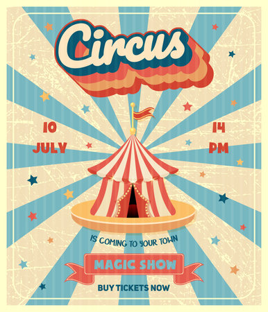 Vintage circus advertising poster with marquee and grunge texture for arts festival event and entertainment. carnival banner. vector illustration.のイラスト素材