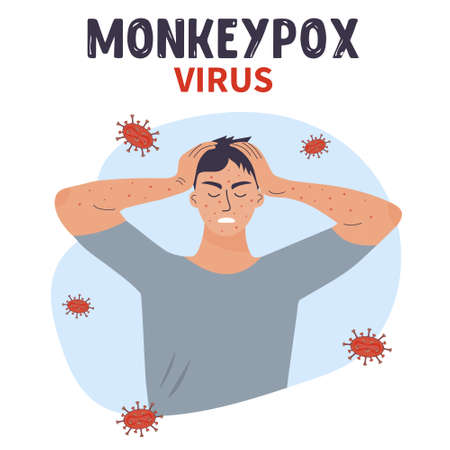 Sad man with a rash on his face and hands is holding his head. Human infected with monkeypox. Vector illustration of sick person.のイラスト素材