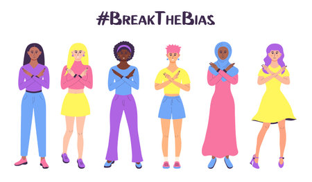 Horizontal poster with a group of women of different ethnic group and skin color cross their arms in protest. Break The Bias. Women's Movement against discrimination, inequality, stereotypes. Allyship woman feminism. International women's day.のイラスト素材