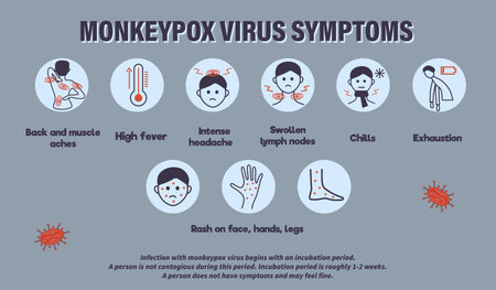 Monkeypox virus symptom infographics. New cases of Monkeypox virus are reported in Europe and USA. Informing people about an infectious disease.のイラスト素材