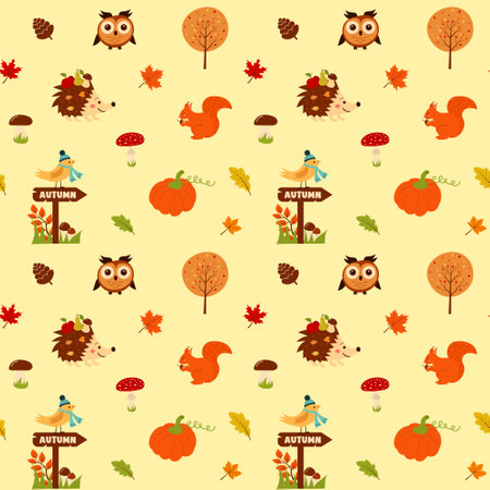 Seamless pattern with hedgehog, owl, squirrel, bird on roadsign, mushrooms, pinecone, tree, pumpkin and autumn leaves. Perfect for wallpaper, gift paper, pattern fills, web page background, autumn greeting cards. Autumn, harvest festival, thanksgiving day, cozy season concept.のイラスト素材