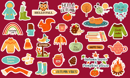 Autumn stickers collection with cozy seasonal elements. All stickers with a white border. Animals, quotes, nature, things. Fall season stickers, pins, badges, patches.のイラスト素材
