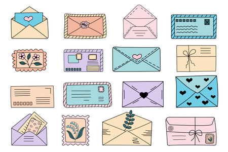 Set of doodle envelopes, postage stamps, postcards. hand drawn vector illustration.のイラスト素材
