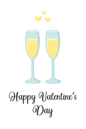 Two glasses of champagne with sparkling bubbles and yellow hearts. Happy Valentine's Day quote. greeting card or poster. Love and valentine's day concept.のイラスト素材