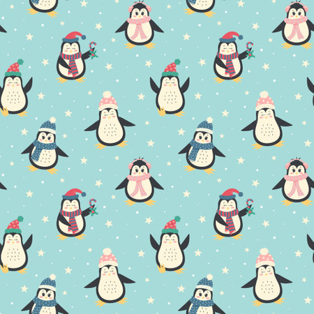 Cute winter penguins seamless pattern. Christmas characters in warm clothing. Perfect for christmas background, wallpaper, gift wrap, and etcのイラスト素材
