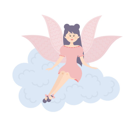 Winged fairy princess sitting on a cloud. Cute fairy tale character. vector illustration.のイラスト素材