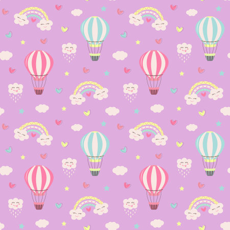 Seamless pattern with hot air balloon, kawaii rainbows, clouds, stars and hearts. Hand drawn childish pattern for wrapping, fabric, textile or paper projects.のイラスト素材